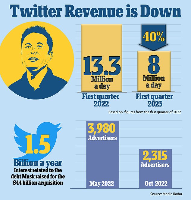 Twitter's revenue is down 40 percent, according to experts, meaning daily revenue is estimated to be around $8 million, based on figures for the first quarter of 2022.