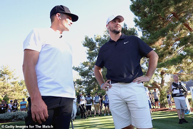 om Brady and Josh Allen speak during Capital One's The Match VI - Brady & Rodgers v Allen & Mahomes at Wynn Golf Club on June 1, 2022 in Las Vegas