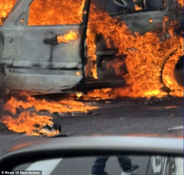 The woman's car caught fire after hitting the median and flipping over