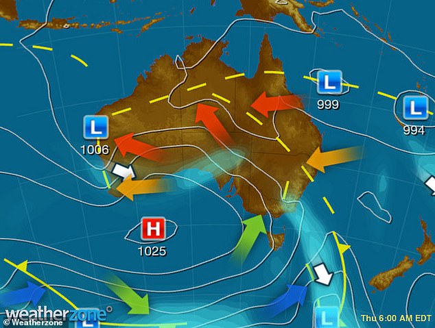 A trough over NSW is bringing rain to the north-east and gusty southerly winds along the south coast on Thursday (a Weatherzone map of Thursday's weather conditions is pictured)