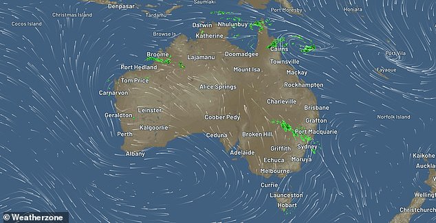 At the top end of the country, highs in Darwin will remain in the 30s for the rest of the week with thunderstorms and rain forecast (a Weatherzone map pictured)