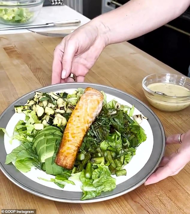 Light and easy: The 50-year-old Oscar-winning actress was making a salmon salad that she said was a dinner meal 