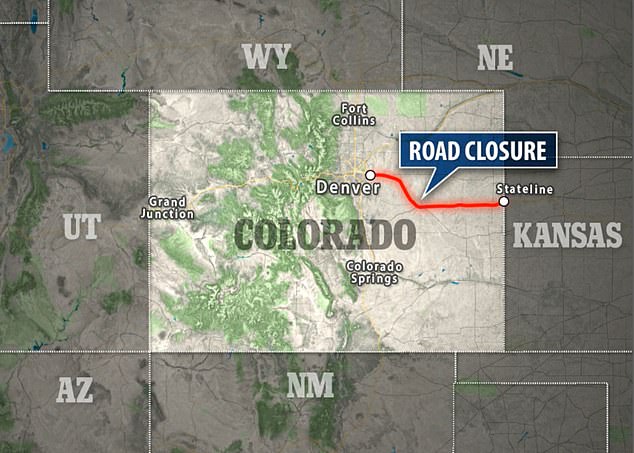 Eastbound lanes were closed from E-470, about 15 miles east of Denver, to the Kansas border.  Westbound lanes closed between the same two points