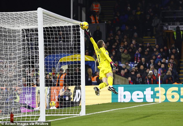 His stoppage-time free-kick cleared the United wall and crashed off the crossbar.