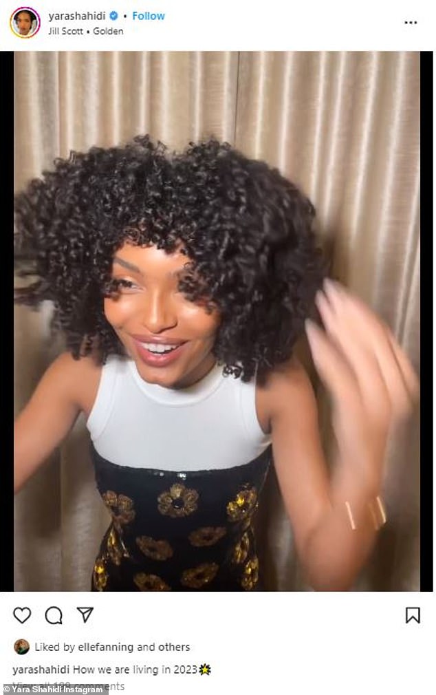 She's golden: The leading lady wrote 'how we're living in 2023' along with a gold star emoji, and dropped a snippet of Jill Scott's catchy soulful song Golden