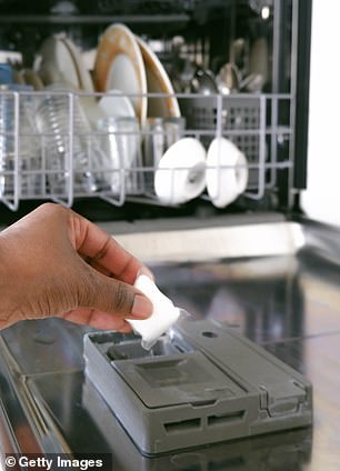 The Choice expert noted that common mistakes dishwasher owners make include putting the tablet in the dispenser (pictured) and rinsing dishes before filling the machine (right).