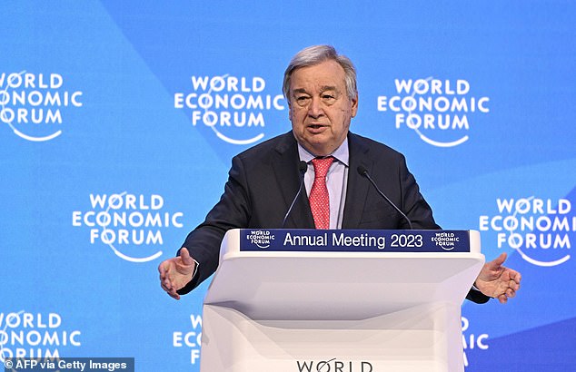 United Nations Secretary General Antonio Guterres speaks at the World Economic Forum in Davos, Switzerland, on January 18, 2023.