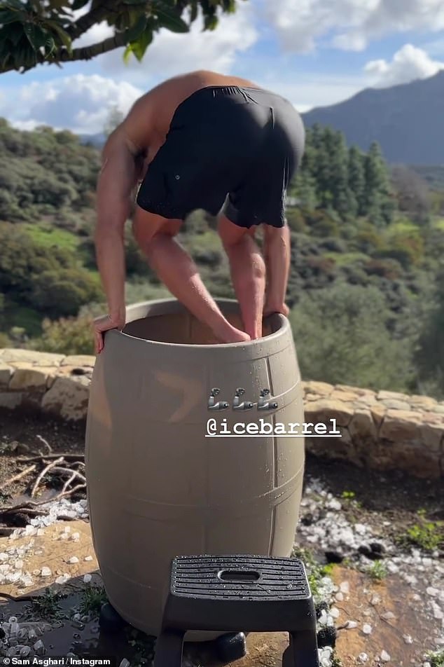 Frosty - Asghari was wearing only black shorts when he entered the icy barrel.