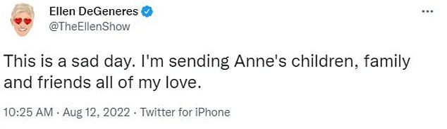 Ellen DeGeneres, 64, who was romantically linked to the actress from 1997 to 2000, commented on Heche's passing on social media.