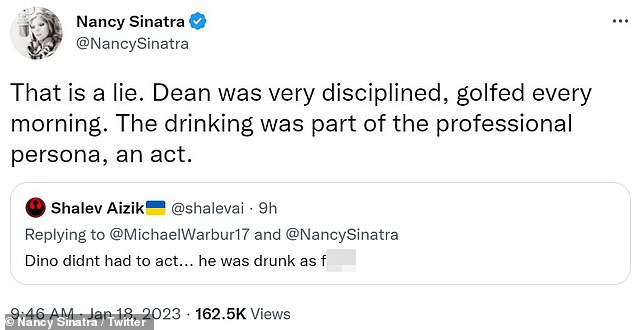 Nancy, 82, responded to a Twitter user who said Martin seemed 'drunk as fuck' during a 1965 group performance that included his Rat Pack running mates Frank Sinatra and Sammy Davis Jr., as well as to Johnny Carson and Quincy.  jones