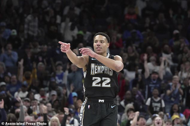 Desmond Bane (22) of the Grizzlies reacts after making a basket against the Cleveland Cavaliers