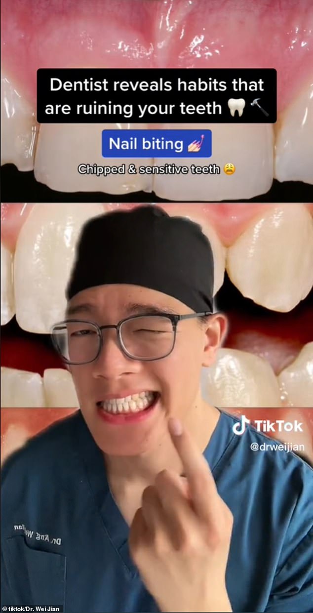 In his highly animated piece for the camera, donning his lightweight cleaning gear, Dr. Jian (above) explains how biting your nails can lead to chipped teeth.