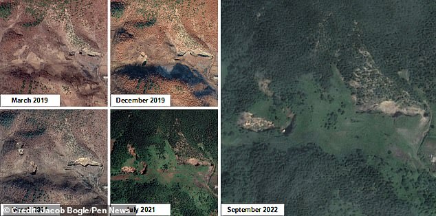 Satellite photos captured the sudden appearance of large depressions in the earth near the mine entrance.