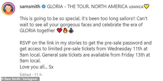 Exciting: Sam has been busy preparing for the release of his fourth studio album, Gloria, and recently announced that he's going on a 27-date North American tour.