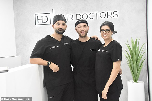 Happy with the results - Sam seen here with Dr Oz and Dr Ateka from Hair Doctors Australia