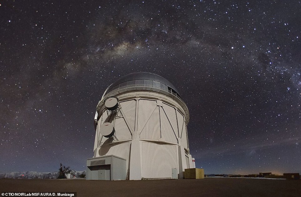 The Dark Energy Camera (DECam) is an instrument mounted on the 13-foot Victor M. Blanco Telescope (seen above) at the Cerro Tololo Inter-American Observatory in Chile.  DECam, which was built in part with funding from the US Department of Energy, is celebrating ten years of existence and is part of the Dark Energy Survey project looking for evidence of dark energy.