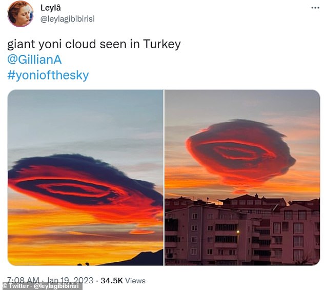 Several surprised viewers took to Twitter this morning to discuss the strange clouds. One user tweeted: 'giant yoni cloud seen in Turkey'