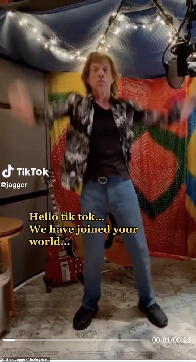 Hugging it: In his first video, the singer danced towards the camera while telling fans: 'Hello TikTok.  We have joined your world.  You can follow us @therollingstones and @jagger