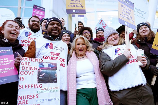 Royal College of Nursing (RCN) chief executive Pat Cullen joins members on the picket line outside University College Hospital, London on January 19