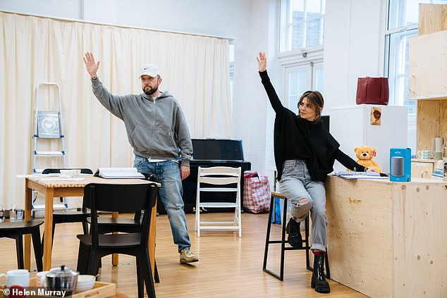 Full of drama!  The star was seen in the middle of rehearsing a scene with fellow actor Hugo (pictured) before settling down on a sofa to practice another moment with Louise.