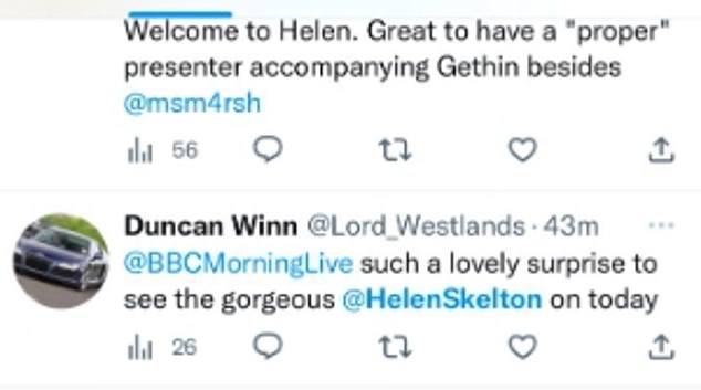 Reaction: One said: '@HelenSkelton, @GethincJones was correct;  it was a pleasure to see them host @BBCMorningLive.  I hope we see you a lot more as you are a natural presenter'