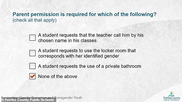 Earlier this year, a slide from a Fairfax County Public Schools teacher training program shows that parental permission is not required for a student who wants to be called by a different name or use a bathroom corresponding to his or her gender identity.