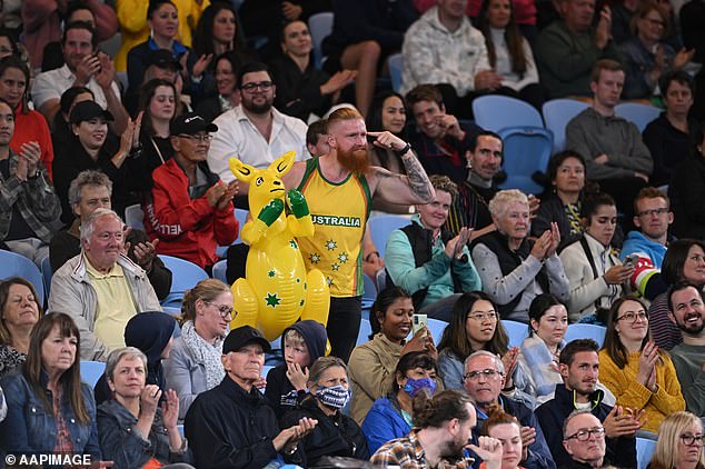 An Australian fan gestures during the second round match between Andy Murray of Great Britain and Thanasi Kokkinakis at the Australian Open today.