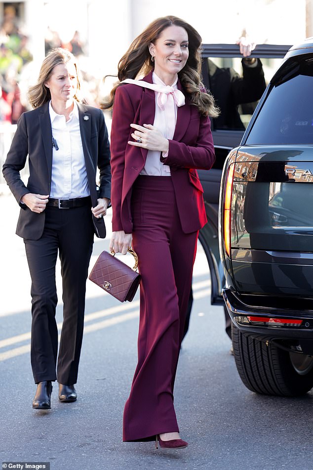 Kate wore a chic burgundy Roland Mouret suit when she visited Greentown Labs in Boston late last year.