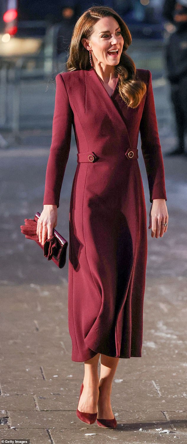 Kate Middleton donned a burgundy coat to attend her Together at Christmas Carol service at Westminster Abbey last month.