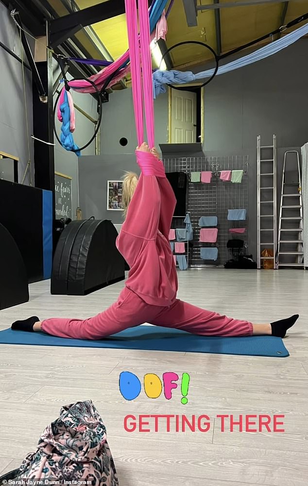 Stretching: The Hollyoaks star has been keeping fans up to date while enjoying pole dancing in recent weeks and has been trying to learn the splits, sharing a snap recently as she explained she was 