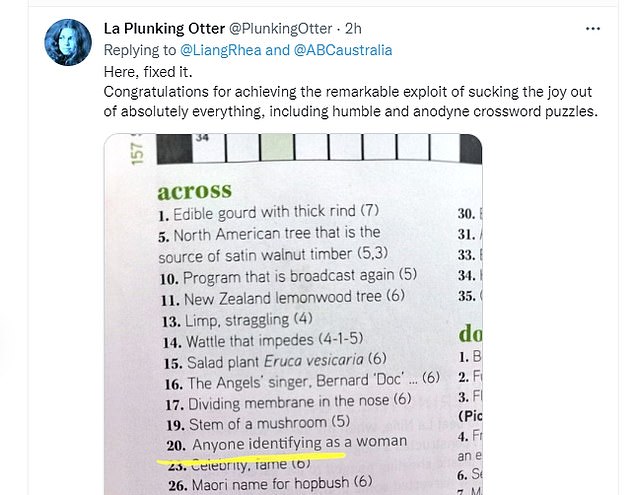 A Twitter user came up with a sarcastic solution by replacing the crossword clue 