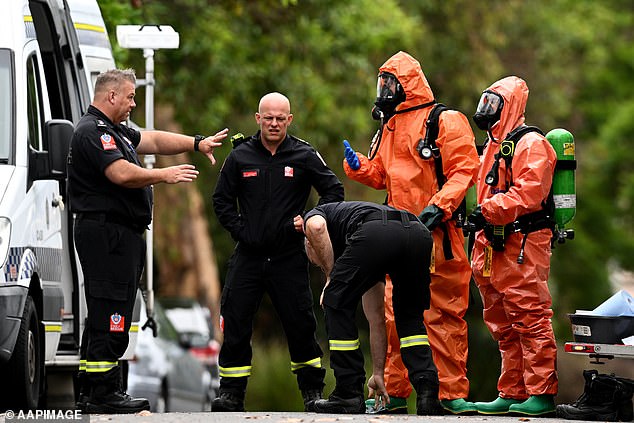 NSW Police said the incident is believed to be linked to domestic violence with police and Fire and Rescue teams (above) seen collecting evidence from the house.