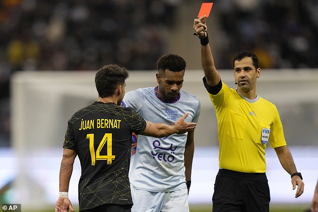 Paris Saint-Germain defender Juan Bernat was sent off after removing his player