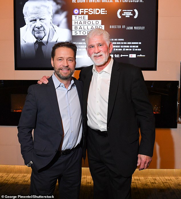 Priestley and former Toronto Maple Leafs hockey player Rick Vaive posed together at the Offside screening.  Vaive was the first 50-goal scorer in Toronto franchise history