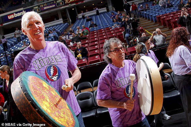 Bill Walton poses with Grateful Dead drummer Mickey Hart before the Sacramento Kings take on the Dallas Mavericks on February 9, 2011 at ARCO Arena in Sacramento.