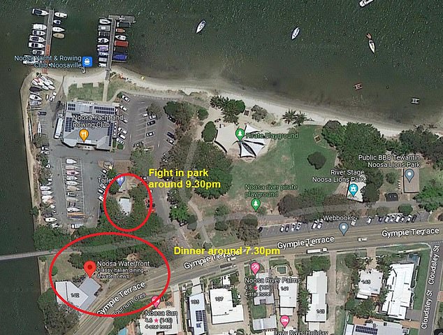 The location of the couples dinner at the classic Noosa Waterfront Italian restaurant and then the fight that broke out in the adjacent Lions Park barbecue area.