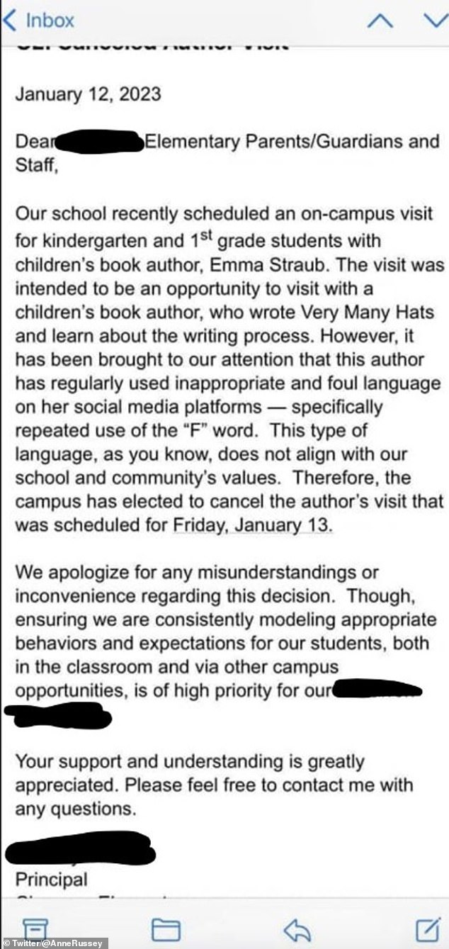 The school sent this letter to parents and district staff, saying that Straub's language did not 