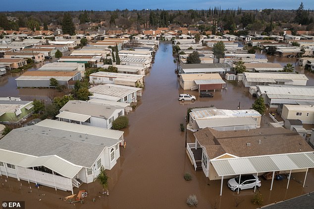 Riviera Holiday Mobile Estates/Senior Community flooded after another storm surge in Merced, California.  Newsom thanked Biden for the quick disaster relief.  Biden said the state 