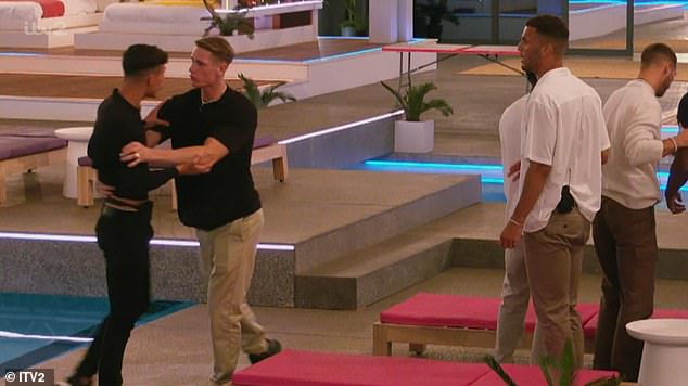 Showdown: Shortly after the game ended, Love Island descended into chaos when a huge fight broke out between Haris Namani and Shaq Muhammad.