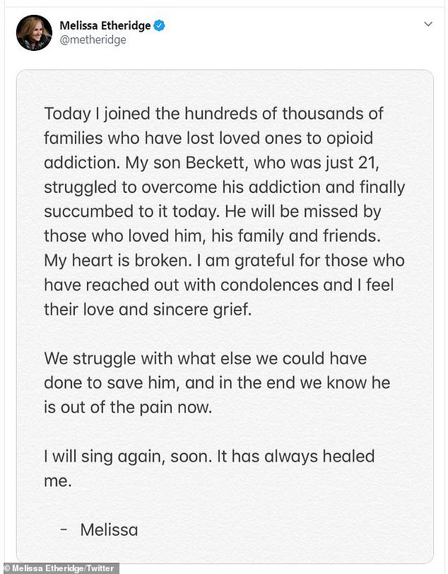 Etheridge announced the death of her son Beckett in 2020 after an opioid overdose