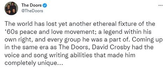 Crosby was praised by such luminaries as the Beach Boys' Brian Wilson, Steven Van Zandt and the E Street Band's Roseanne Cash, as well as the official accounts for the late Tom Petty and The Doors.