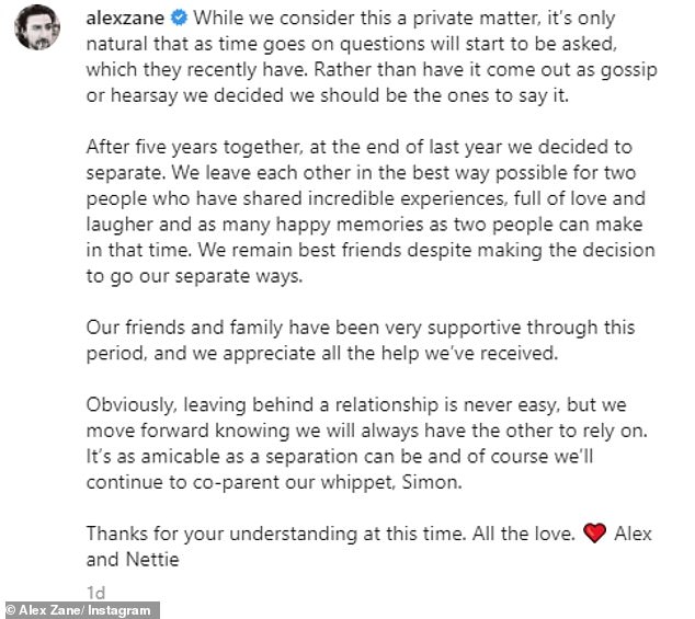 Split: Announcing their split on Instagram, Alex confirmed that he and Nettie 