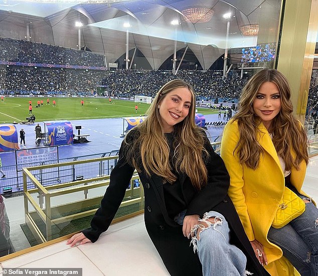 Family Matters: The actress exuded casual elegance in a bold yellow jacket with a white top and blue jeans as she posed with her niece Claudia Vergara, 30, at the soccer game