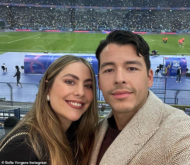 Family outing: Vergara's son, Manolo González Vergara, 31, also traveled to Saudi Arabia and experienced the action on the pitch with Claudia Vergara