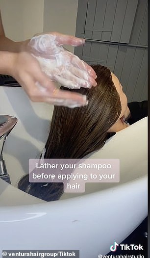 The salon took to their TikTok page @venturahairgroup to reveal the secret to properly cleansing your locks, including lathering the shampoo into your hands before applying it.