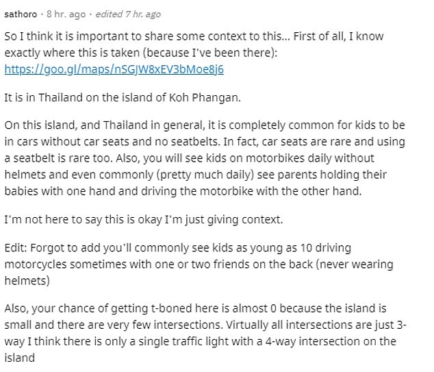 One comment supported the poster saying that it is common for children not to wear seat belts in Thailand.