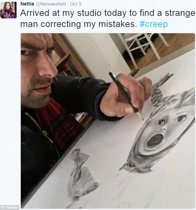 Example: The artist previously posted a photo of Aidan during their romance that showed him pretending to work on one of his sketches.