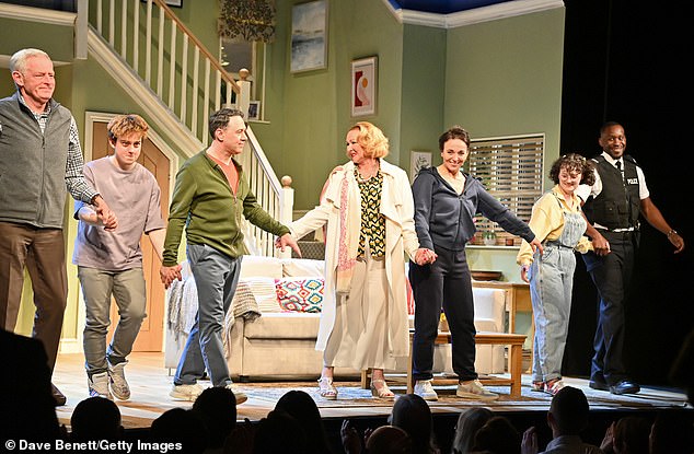 Bowing: (pictured left to right): Michael Simkins, Gabriel Howell, Reece, Frances, Amanda, Maddie Holliday and Marcus Onilude take a bow at the closing curtain on Thursday night.