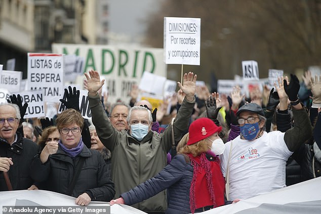 Doctors and other health sector workers gather in front of the Ministry of Health for a demonstration demanding a raise of wages, Madrid, Spain on January 15, 2023