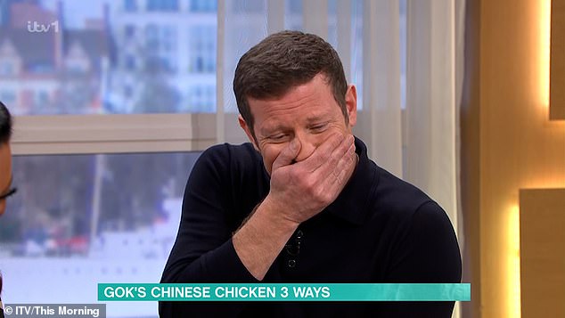 Hilarious: Announcer Dermot burst into laughter as the cooking segment turned into chaos, with all three hosts struggling to control their giggles.